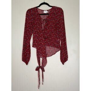Princess Polly, marron floral wrap sheer longsleeve top, women's s 6